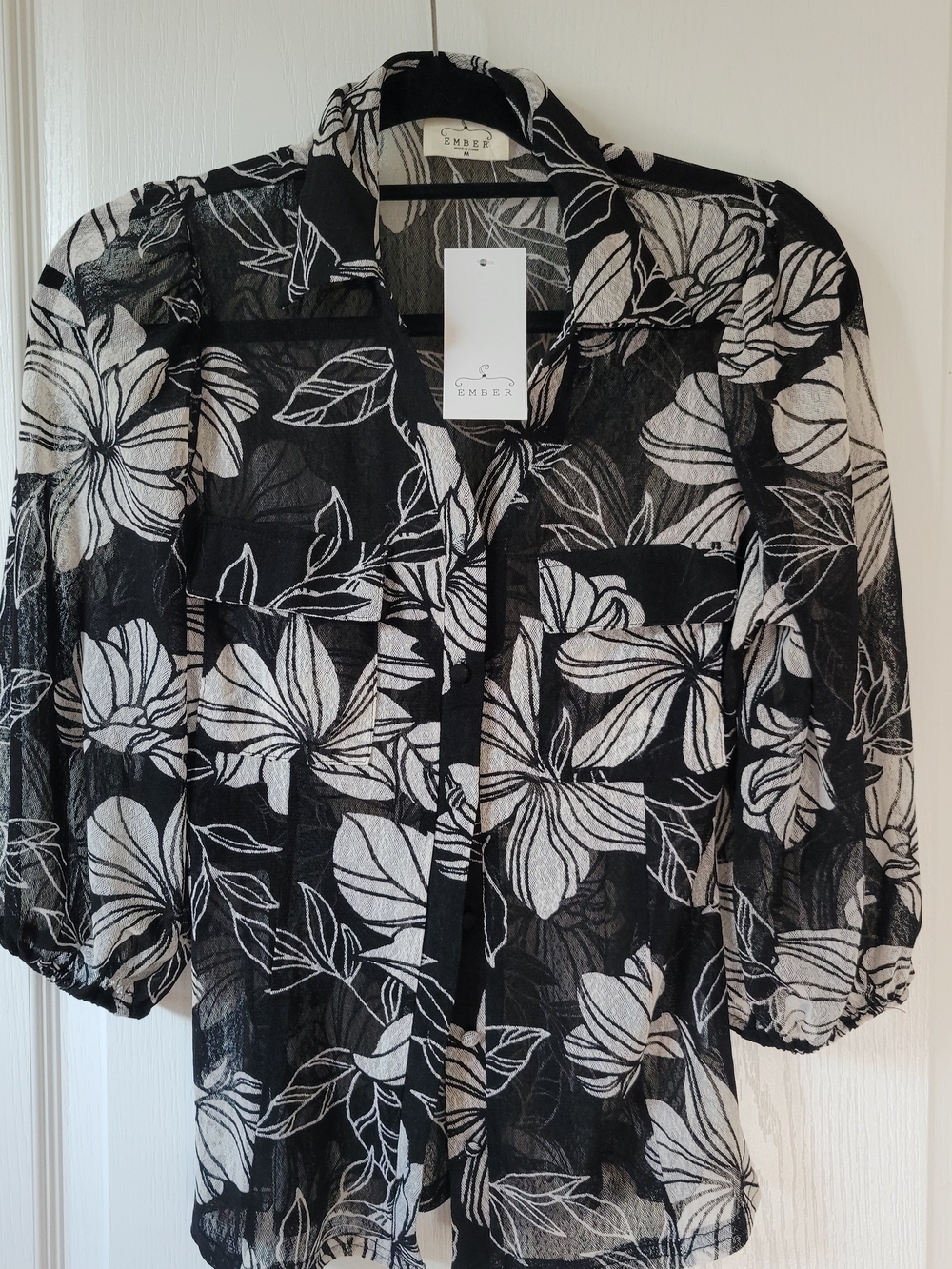 NWT Ember Sheer  Floral Mesh Top Black White Puff Sleeve collared and button Med
